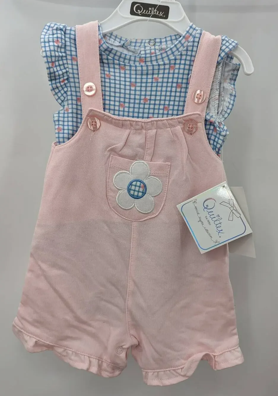 Quiltex Shortalls Pink Suspender Blue Plaid Floral Top 2 Piece Outfit 12mo NWT